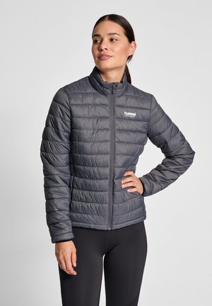 Veste isolante grise avec un motif matelassé, col haut, fermeture éclair intégrale et un petit logo sur la poitrine. Matériau lisse et léger.