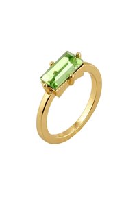 Gold ring featuring a rectangular green gemstone, prong-set with six gold accents. The band is smooth and polished.