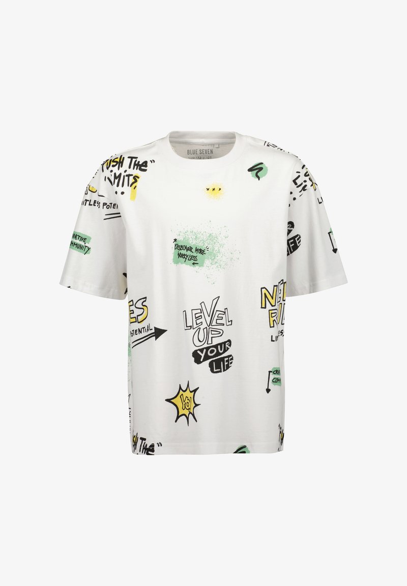 T-shirt en coton blanc avec une coupe décontractée, des manches courtes et des impressions graphiques colorées, y compris des phrases en noir, jaune et vert.