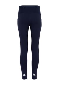 Marinblå leggings med hög midja, med en bakficka och reflexdetaljer vid ankeln. Tillverkade av elastiskt, ventilerande material.