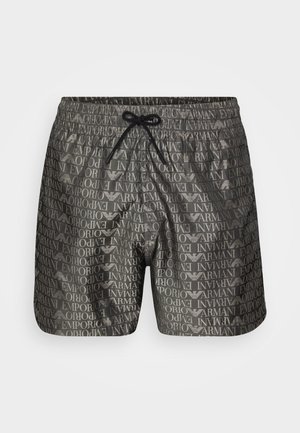 Moške kopalne hlače z črnim in sivo ponavljajočim se vzorcem "Emporio Armani". Imajo elastični pas in vezalko za varen oprijem.