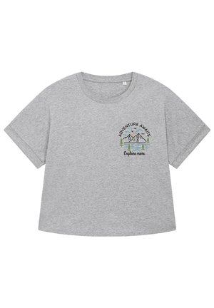 Gray short-sleeve t-shirt with a round neckline. Features an embroidered mountain and tree design with the text "Adventure Awaits" in black.