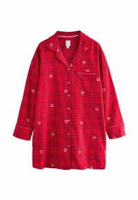 Czerwona koszula flanelowa w kratę z białymi sercami, z długimi rękawami, zapinana na guziki, z kieszenią na piersi. Miękka faktura i luźny krój.