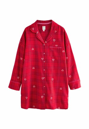 Rote karierte Flanellbluse mit weißen Herzmotiven, langen Ärmeln, Knopfverschluss vorne und einer Brusttasche. Sanfte Textur und entspannter Schnitt.