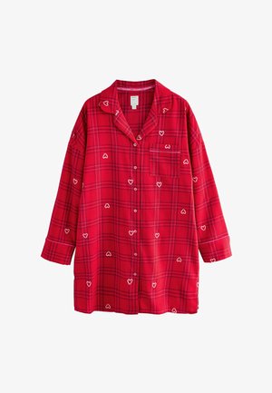 Piros kockás flaneling fehér szívmintákkal, hosszú ujjakkal, gombos elülső résszel és mellzsebbel. Puha tapintású és lazán illeszkedő fazonnal.