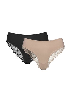 Dve dámske bikinové nohavičky s čipkovaným lemom, jedna čierna a jedna béžová, s hladkým materiálom a vlnitými okrajmi.