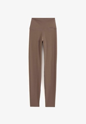 Leggings marron taille haute en tissu lisse et extensible ; design ajusté avec des coutures courant sur le devant et l'arrière.