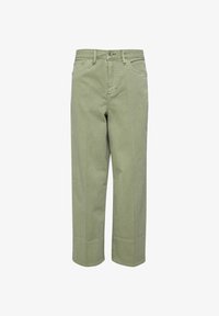 Pantalones rectos de color verde claro con cierre frontal de botón y cremallera, trabillas para cinturón y detalles de parches cerca del dobladillo.