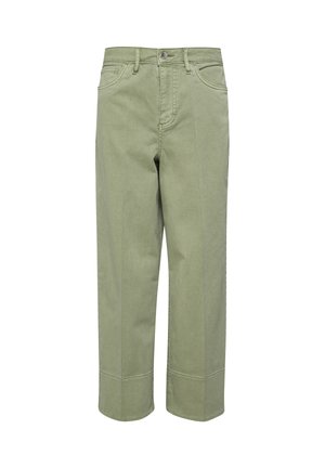 Lichtgroene rechte broek met knoop- en ritssluiting aan de voorkant, riemlussen en opgeplakte details bij de zoom.