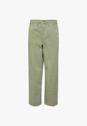 Hellgrüne Hose mit geradem Bein, Frontknopf- und Reißverschluss, Gürtelschlaufen und aufgesetzten Details nahe dem Saum.