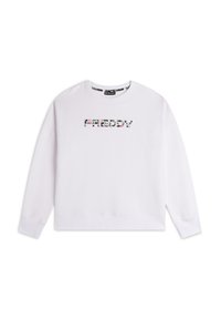 Sweatshirt blanc à col rond, manches longues et ourlet droit. Logo "FREDDY" en motif floral sur la poitrine. Texture douce.