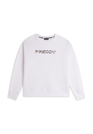 Felpa bianca con collo rotondo, maniche lunghe e orlo dritto. Logo "FREDDY" con motivo floreale sul petto. Texture morbida.