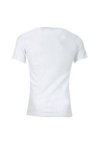 T-shirt blanc à manches courtes en coton. Il présente un col ras du cou standard et une texture lisse sans logos ni motifs visibles.