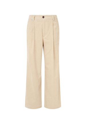 Beige weite Hose aus geripptem Stoff, mit zwei vorderen Falten, einem Knopfverschluss und seitlichen Taschen.