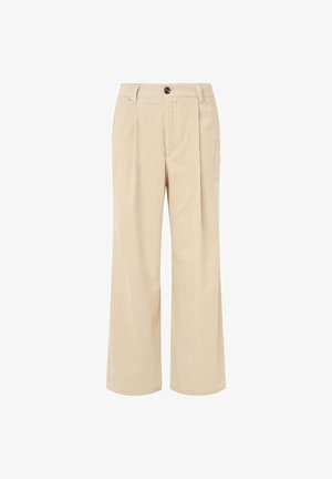 Smėlio spalvos plačios kojos kelnės iš raižytos medžiagos, su dviem priekinių raukšlių, vienu mygtuko uždarymu ir šoninėmis kišenėmis.