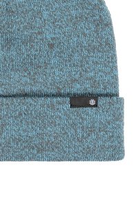 Knitted beanie hat in blue and gray, featuring a folded cuff and a small black label with a logo. Soft texture and close-knit design.