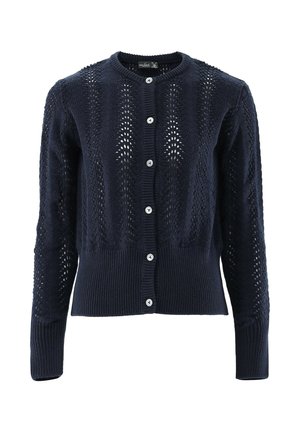 Navy blue knitted cardigan with long sleeves, button-down front, and a pattern of vertical open-knit stripes.