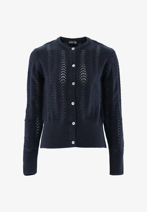 Navy blue knitted cardigan with long sleeves, button-down front, and a pattern of vertical open-knit stripes.