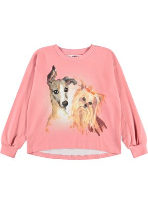 Pinkes Langarmshirt mit bedruckten realistischen Porträts eines Greyhounds und eines Yorkshire Terriers mit einer orangefarbenen Schleife.