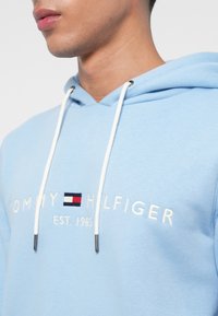 Νέος άνθρωπος που φοράει μια ανοιχτό μπλε φούτερ με λευκές κορδόνες και κεντημένη την ένδειξη "Tommy Hilfiger EST. 1985" στο στήθος.