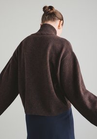 Brązowy dziergany sweter z wysokim kołnierzem i szerokimi rękawami. Teksturowana tkanina, krótki fason i prążkowany dół. Pokażono widok z tyłu.