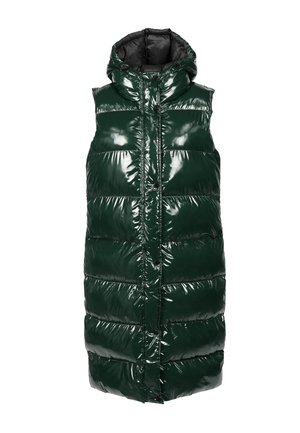 Groene, glanzende puffer vest met een capuchon. Voorzien van gestikte panelen, sluiting met drukknopen aan de voorkant en een glanzende afwerking. Lichtgewicht en ongevoerd interieur.