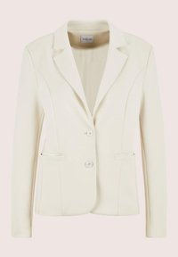 Crèmekleurige damesblazer met twee knopen, met een notch lapel-kraag, lange mouwen en twee voorkruiszakken.