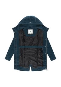 Sininen ulkotakki, jossa on huppu, teksturoitu pinta ja musta kuviollinen vuori. Edessä vetoketju ja nepparikiinnitykset.