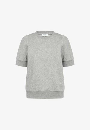 Jasnoszara bluza z krótkim rękawem z prążkowanymi mankietami, dołem i okrągłym dekoltem, z bufkami na ramionach oraz metką marki Levate wewnątrz.