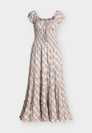 Λευκό και μπεζ μάξι φόρεμα με καρό σχέδιο, μανίκια φουσκωτά, ελαστικό μπούστο, κουμπιά στο μπροστινό μέρος και τελειώματα με στρώσεις βολάν.