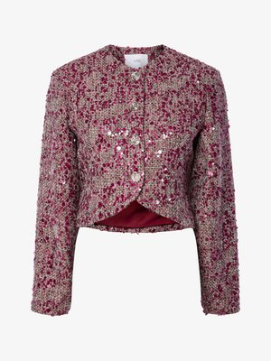 Chaqueta corta de tweed en rosa y plateado, adornada con lentejuelas, con escote redondo y cierre de botones, mangas largas y forro suave.