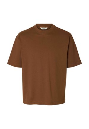 T-shirt marrone a maniche corte realizzato in morbido cotone. Presenta un collo rotondo e una vestibilità comoda. Design minimalista senza pattern o dettagli visibili.