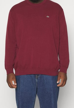 Homme portant un pull bordeaux à manches longues avec un petit logo vert et un jean bleu, debout, les bras détendus le long du corps.