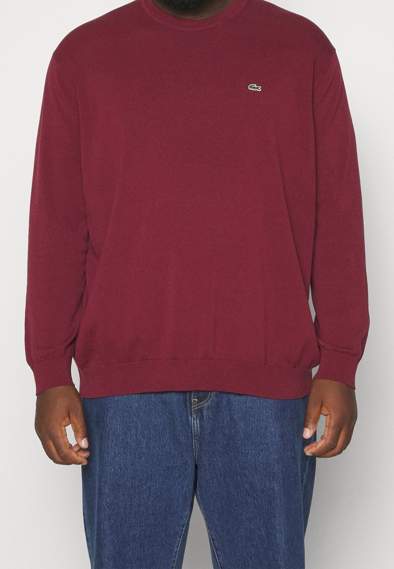 Homme portant un pull bordeaux à manches longues avec un petit logo vert et un jean bleu, debout, les bras détendus le long du corps.