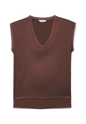 Top marrone senza maniche con scollatura a V e bordi a coste intorno al collo e alle aperture per le braccia, taglia piccola, disposto in piano su sfondo bianco.