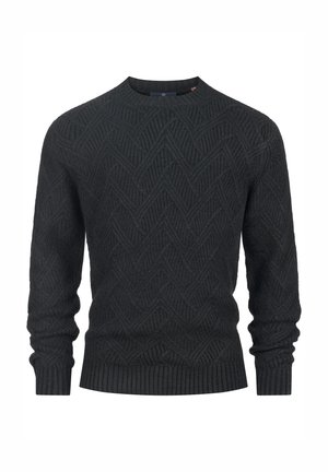 Suéter de punto gris oscuro con un patrón de zigzag, cuello redondo, puños y dobladillo acanalados. La tela texturizada añade interés visual.