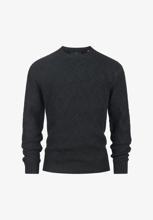 Dunkelgrauer Strickpullover mit Zickzackmuster, Rundhalsausschnitt, gerippten Bündchen und Saum. Die strukturierte Stoffoberfläche sorgt für visuelle Auflockerung.