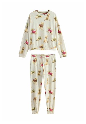 Hellbeiges Set mit langärmligem Oberteil und Hose mit durchgehendem Aufdruck von kleinen Hunden, die Pullover in Pink, Grün und Rot tragen.