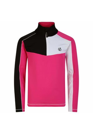 Langarm-Pullover in lebhaftem Pink mit schwarzen und weißen Abschnitten. Verfügt über einen Stehkragen und einen Viertel-Reißverschluss. Logo-Details auf der Brust.