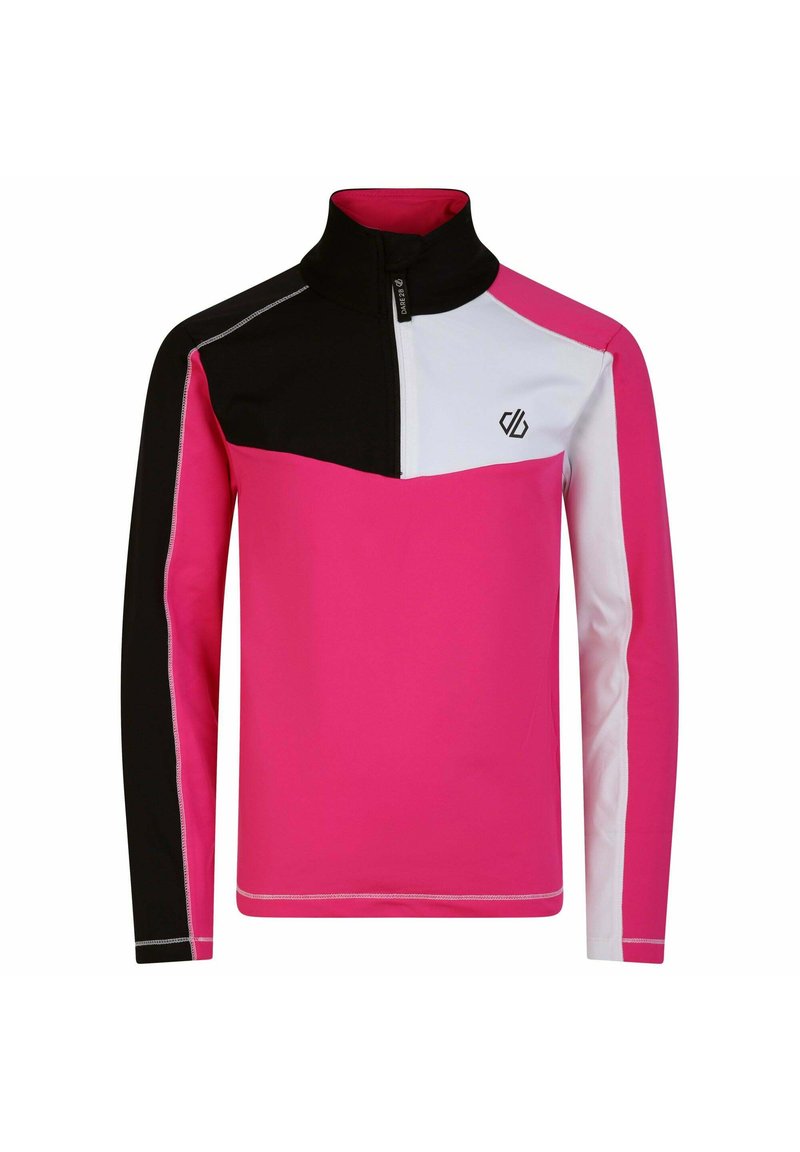 Langarm-Pullover in lebhaftem Pink mit schwarzen und weißen Abschnitten. Verfügt über einen Stehkragen und einen Viertel-Reißverschluss. Logo-Details auf der Brust.