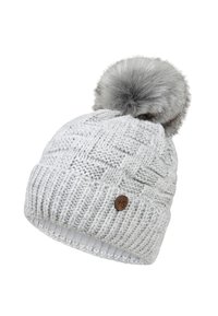 Kootud beanie helesinises toonis, millel on tekstuuriline muster, ning mille peal on karvane hall pom-pom ja küljes väike pruun logo sildike.
