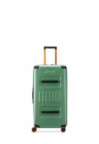 Valigia rigida verde con superficie testurizzata, due manici neri, maniglia retrattile arancione e quattro ruote girevoli.