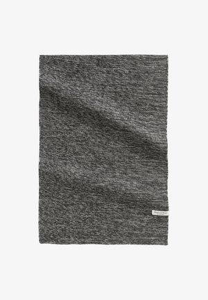 Grijze geweven sjaal met een gestructureerd breipatroon. Randen zijn netjes afgewerkt. Voorzien van een klein label in de rechterbenedenhoek.