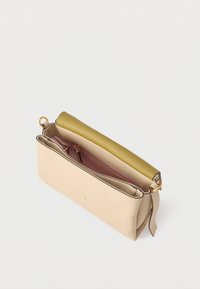 Stačiakampis delninės formos kremo spalvos odos rankinė su žaliu viršutiniu dangteliu ir rožiniu pamušalu. Yra auksinės spalvos metalinės detalės ir lygi tekstūra.