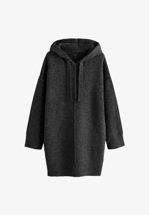 Dunkelgrauer Kapuzenpullover mit lockerer Passform, langen Ärmeln und geripptem Saum. Hergestellt aus weichem, strukturiertem Stoff mit einer frontalen Öffnung und Kordelzügen.