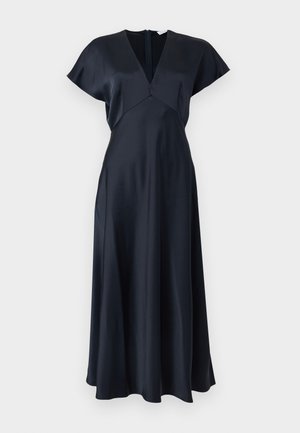 Black satin midi dress with short flutter sleeves, V-neckline, fitted waist, and back zipper closure.
