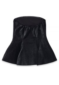 Melnas strapless svārku izgatavots no teksturēta mākslīgā čūskādām materiāla, ar izplestiem akcentiem un gludu iekšējo oderi.