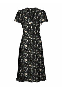 Robe noire à fleurs avec manches courtes bouffantes, encolure en V et ceinture à la taille. Présente des motifs floraux clairs sur un fond foncé.