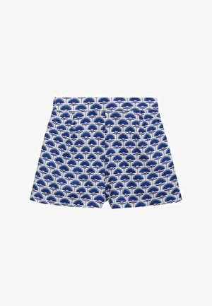 Blauwe zwemshorts met een patroon van palmachtige vormen in marineblauw en roze. Gemaakt van lichte stof met een zachte textuur.