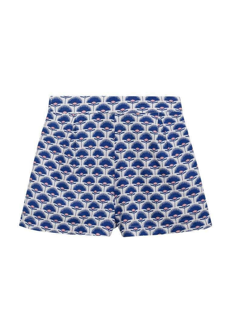 Costumi da bagno blu con un motivo di forme simili a palme in navy e rosa. Realizzati in tessuto leggero con una texture liscia.